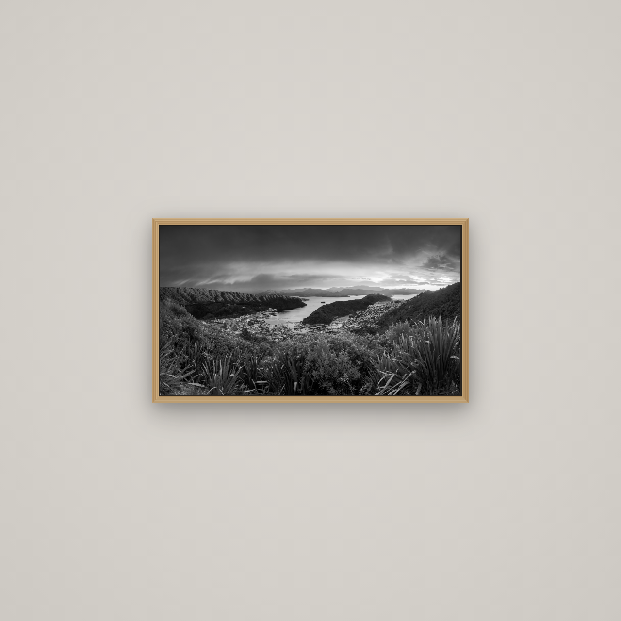 Marlborough Dawn Unveiled, Picton, Basel Natural Oak, 64×36 cm. New Zealand fine art wall art by Stephen Milner.