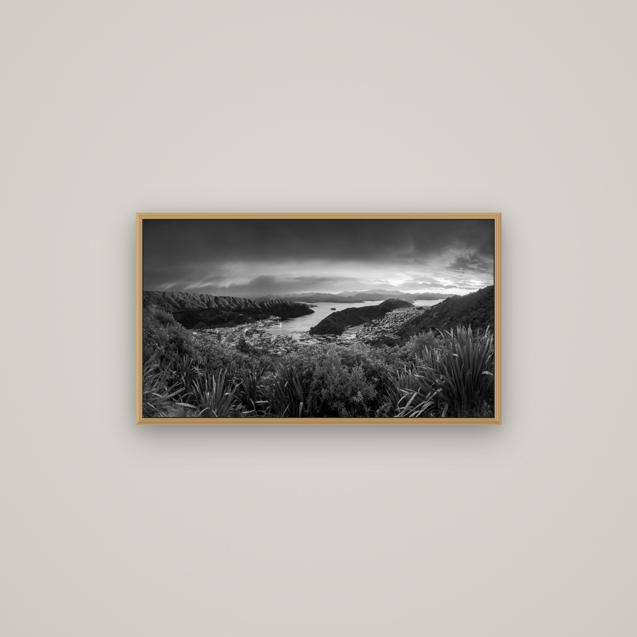 Marlborough Dawn Unveiled, Picton, Basel Natural Oak, 80×45 cm. New Zealand fine art wall art by Stephen Milner.