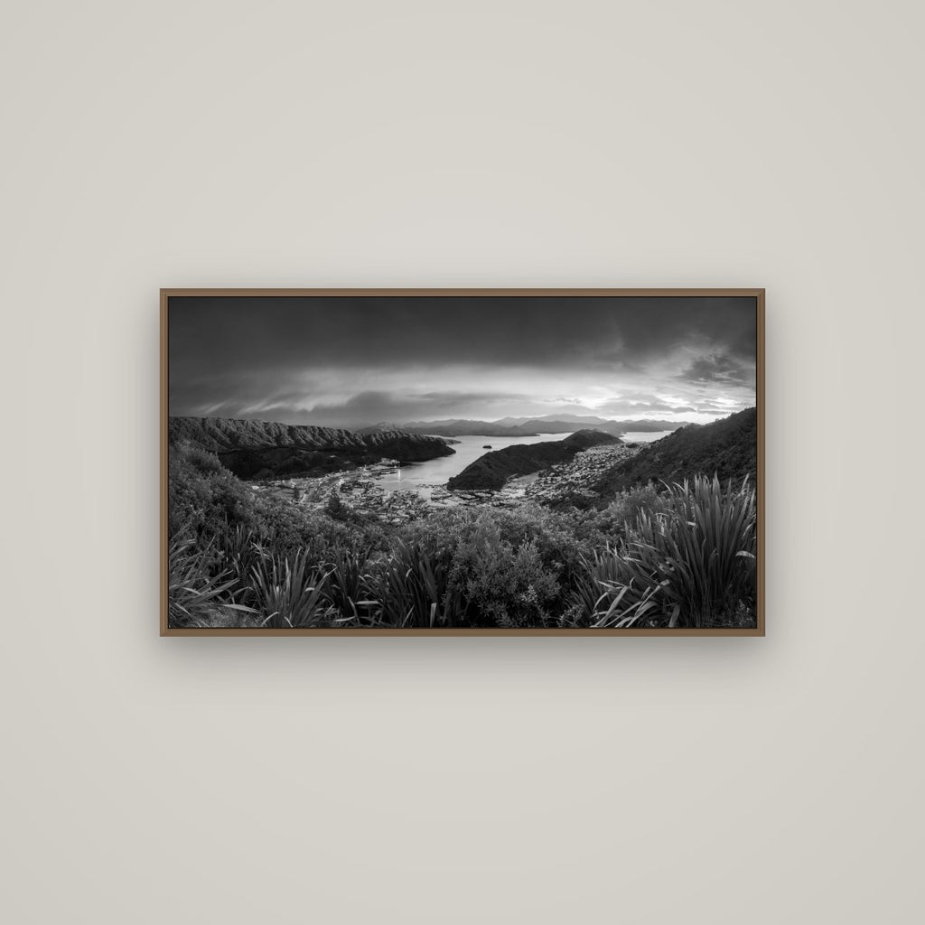 Marlborough Dawn Unveiled, Picton, Basel Walnut, 107×60 cm. New Zealand fine art wall art by Stephen Milner.