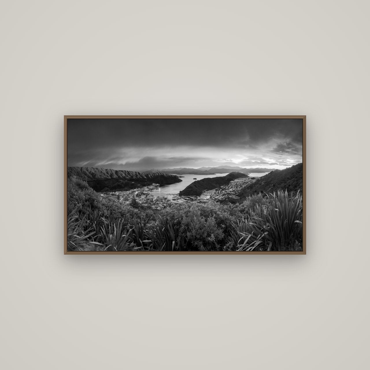 Marlborough Dawn Unveiled, Picton, Basel Walnut, 107×60 cm. New Zealand fine art wall art by Stephen Milner.
