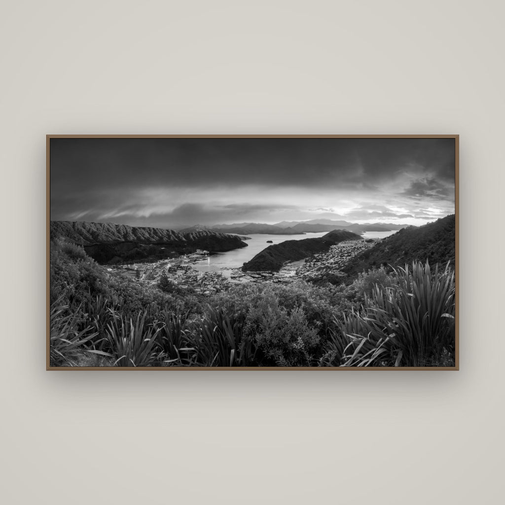 Marlborough Dawn Unveiled, Picton, Basel Walnut, 160×90 cm. New Zealand fine art wall art by Stephen Milner.