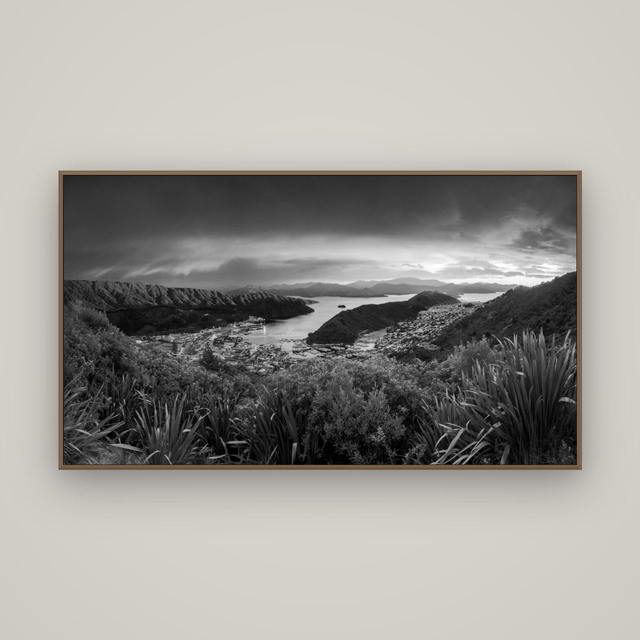 Marlborough Dawn Unveiled, Picton, Basel Walnut, 160×90 cm. New Zealand fine art wall art by Stephen Milner.
