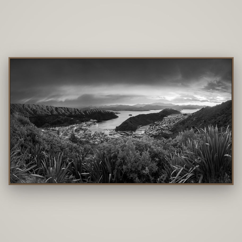 Marlborough Dawn Unveiled, Picton, Basel Walnut, 196×110 cm. New Zealand fine art wall art by Stephen Milner.