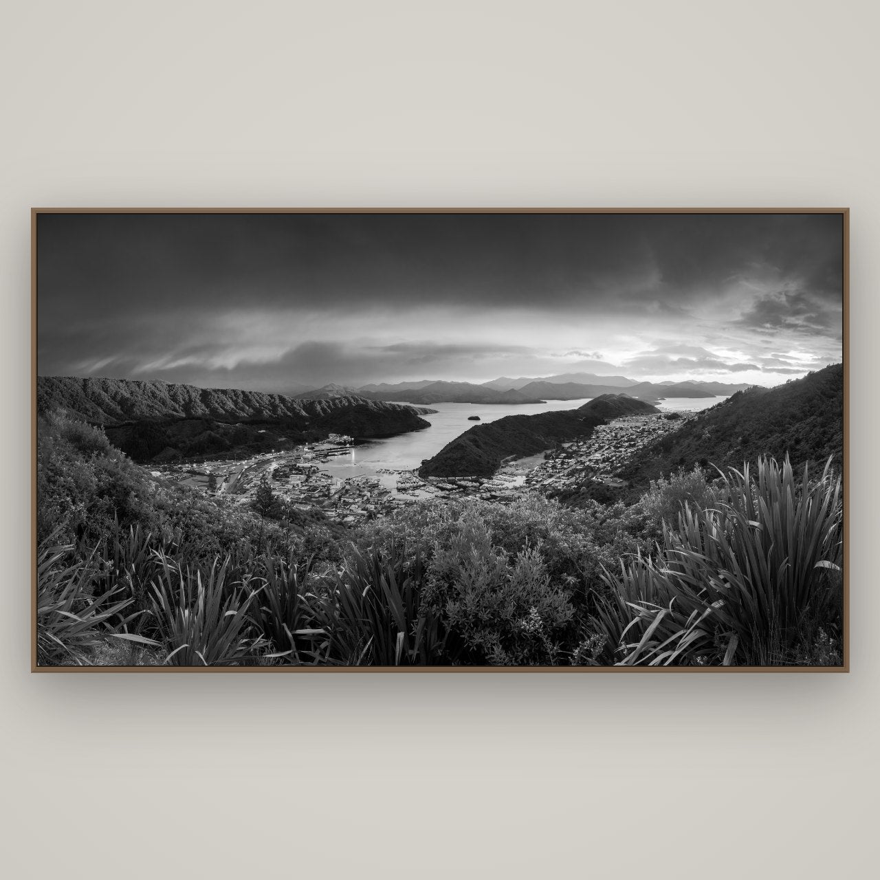 Marlborough Dawn Unveiled, Picton, Basel Walnut, 196×110 cm. New Zealand fine art wall art by Stephen Milner.