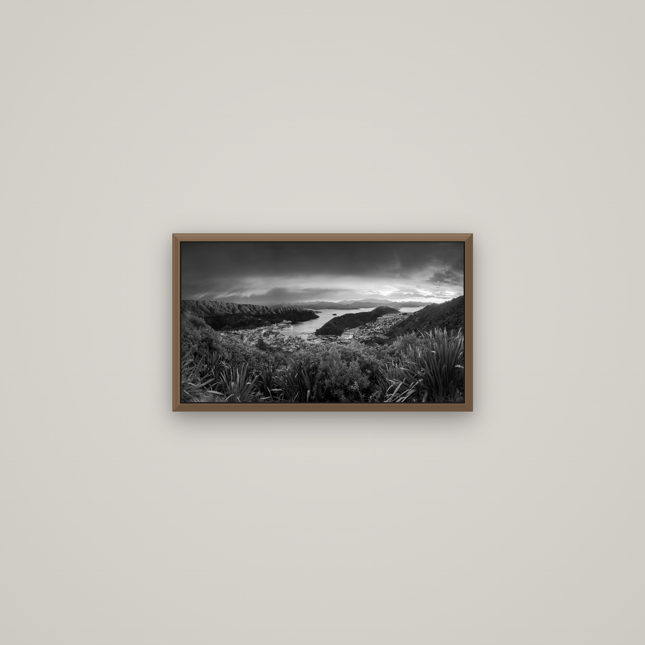 Marlborough Dawn Unveiled, Picton, Basel Walnut, 53×30 cm. New Zealand fine art wall art by Stephen Milner.