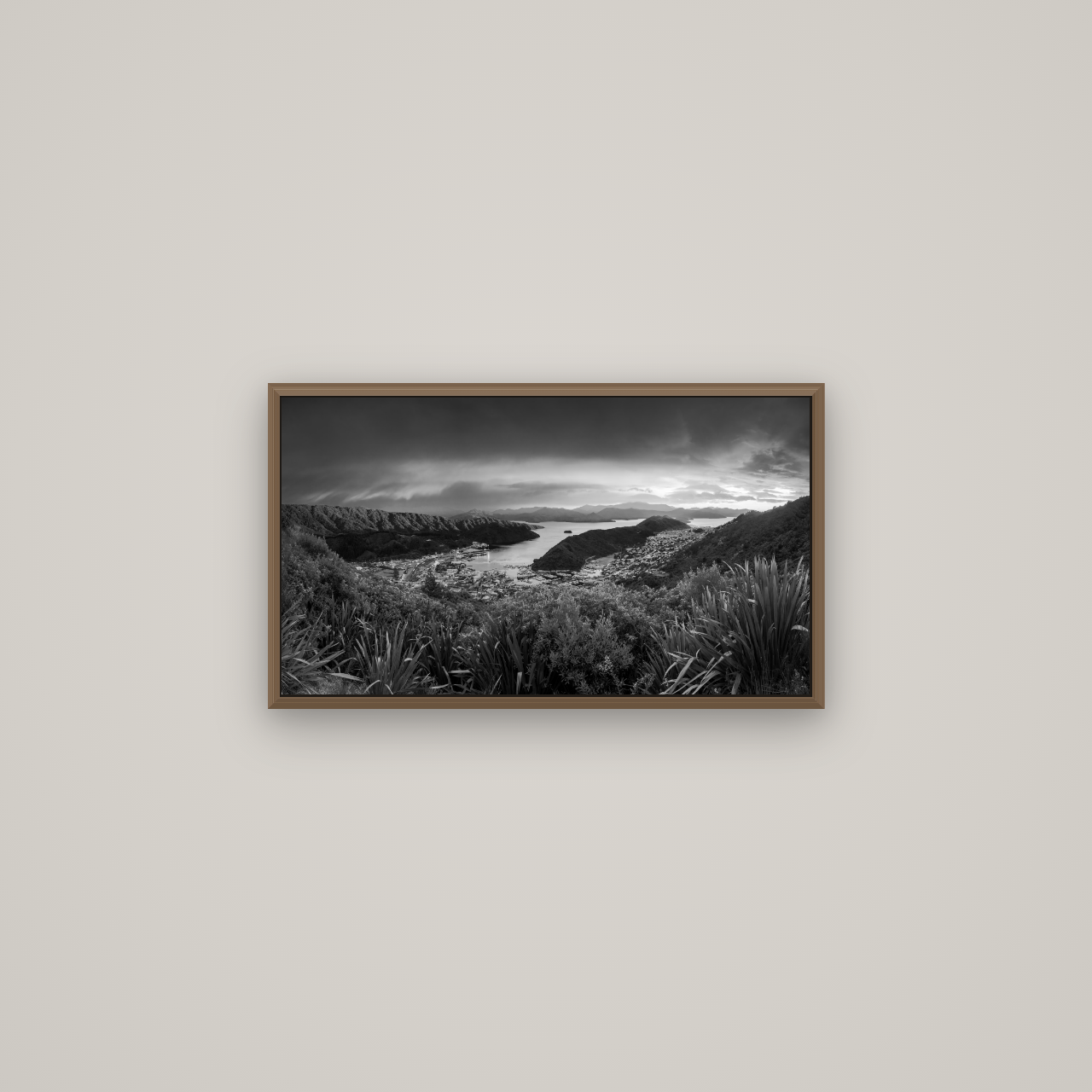 Marlborough Dawn Unveiled, Picton, Basel Walnut, 64×36 cm. New Zealand fine art wall art by Stephen Milner.