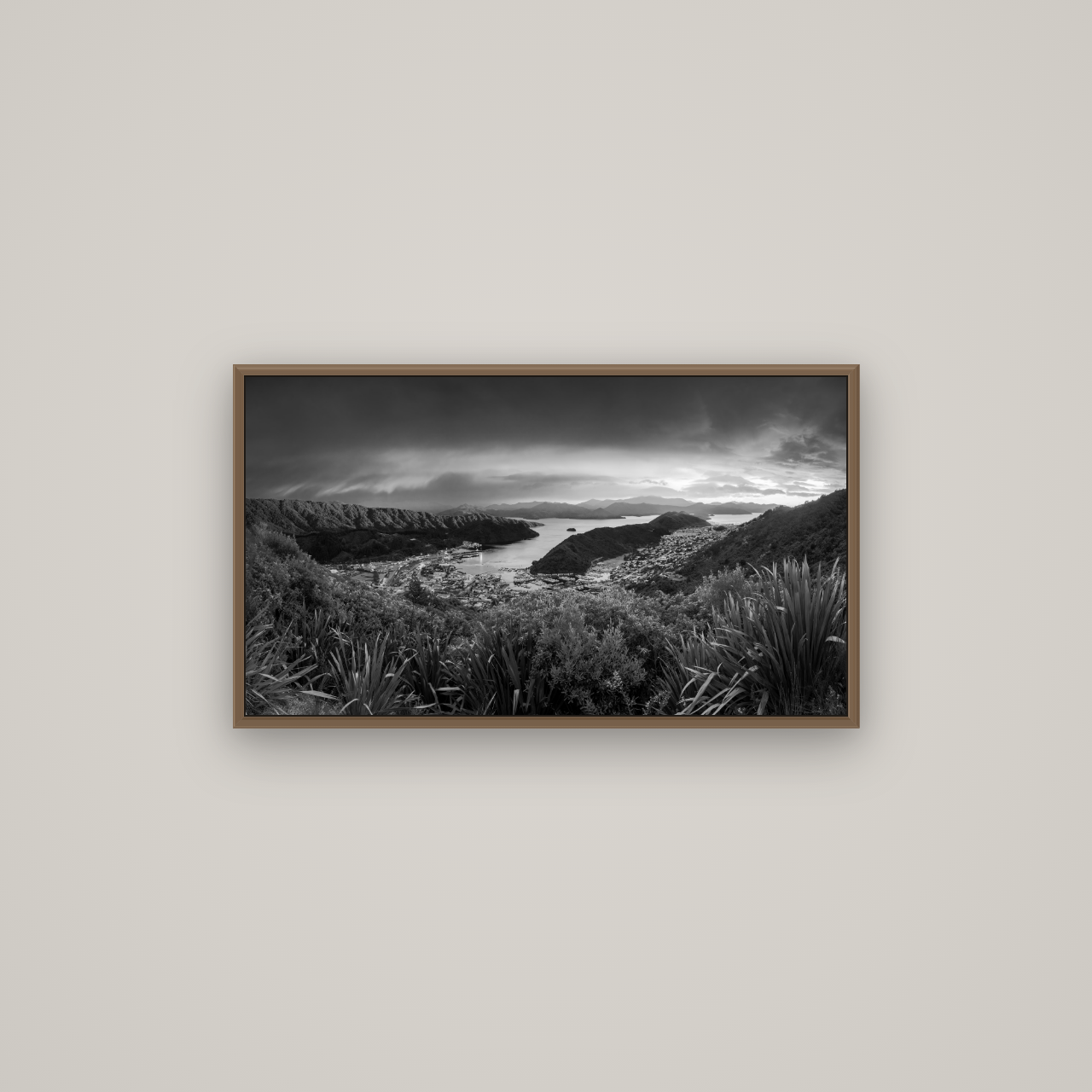 Marlborough Dawn Unveiled, Picton, Basel Walnut, 80×45 cm. New Zealand fine art wall art by Stephen Milner.