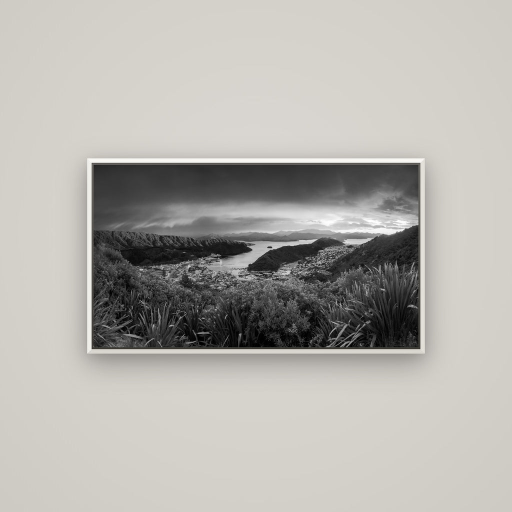 Marlborough Dawn Unveiled, Picton — Basel White, 107×60 cm. New Zealand fine art wall art by Stephen Milner.