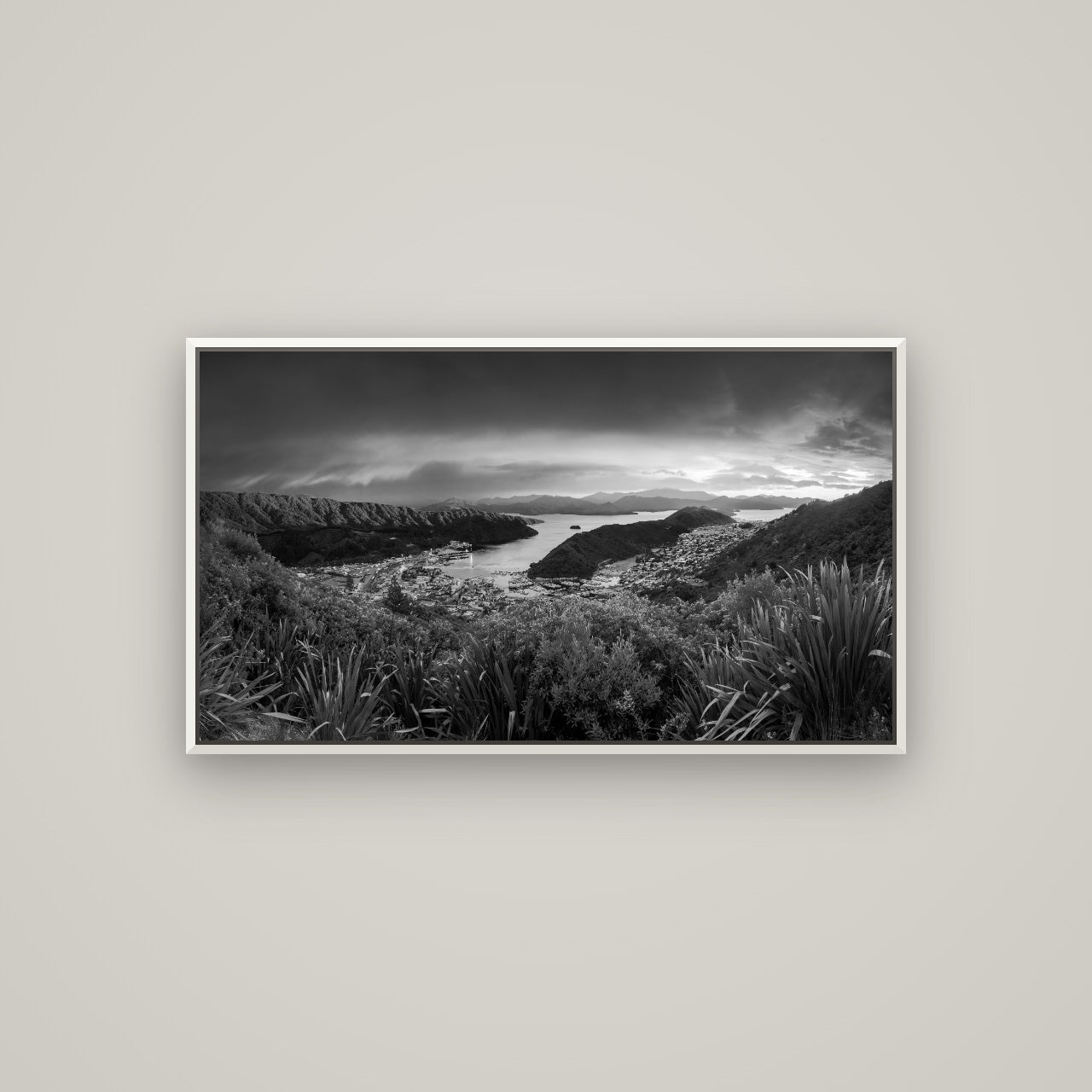 Marlborough Dawn Unveiled, Picton — Basel White, 107×60 cm. New Zealand fine art wall art by Stephen Milner.
