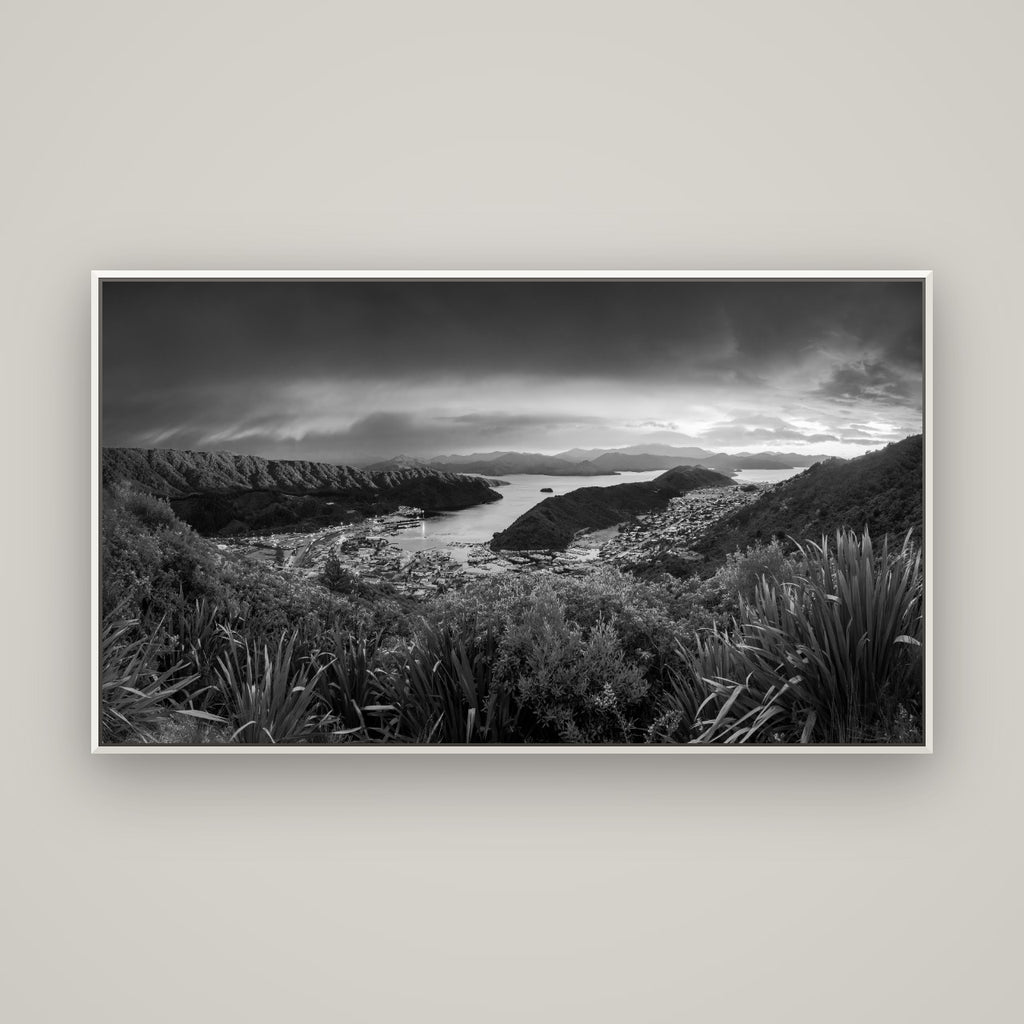 Marlborough Dawn Unveiled, Picton — Basel White, 160×90 cm. New Zealand fine art wall art by Stephen Milner.