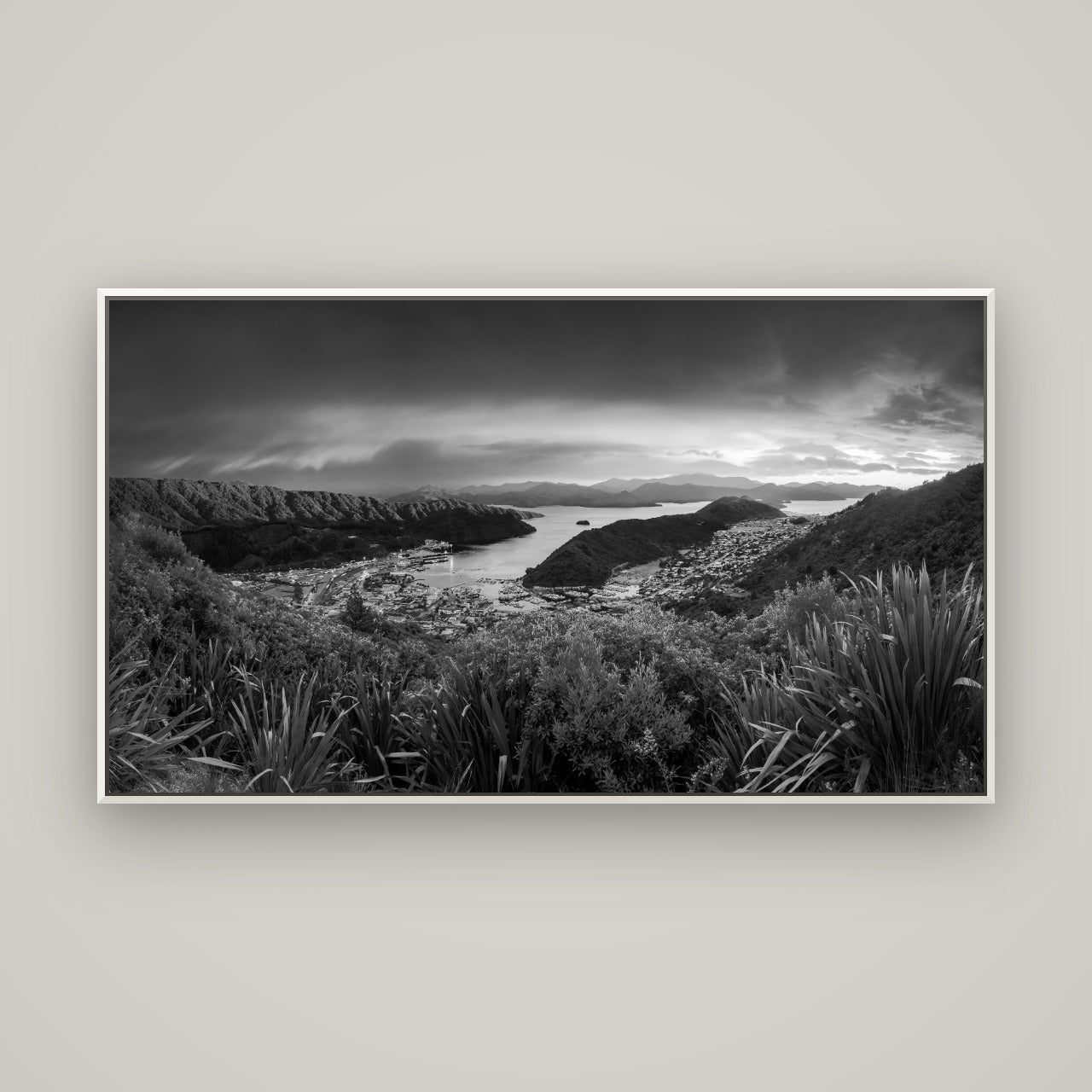 Marlborough Dawn Unveiled, Picton — Basel White, 160×90 cm. New Zealand fine art wall art by Stephen Milner.