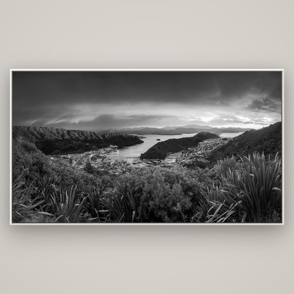 Marlborough Dawn Unveiled, Picton — Basel White, 196×110 cm. New Zealand fine art wall art by Stephen Milner.