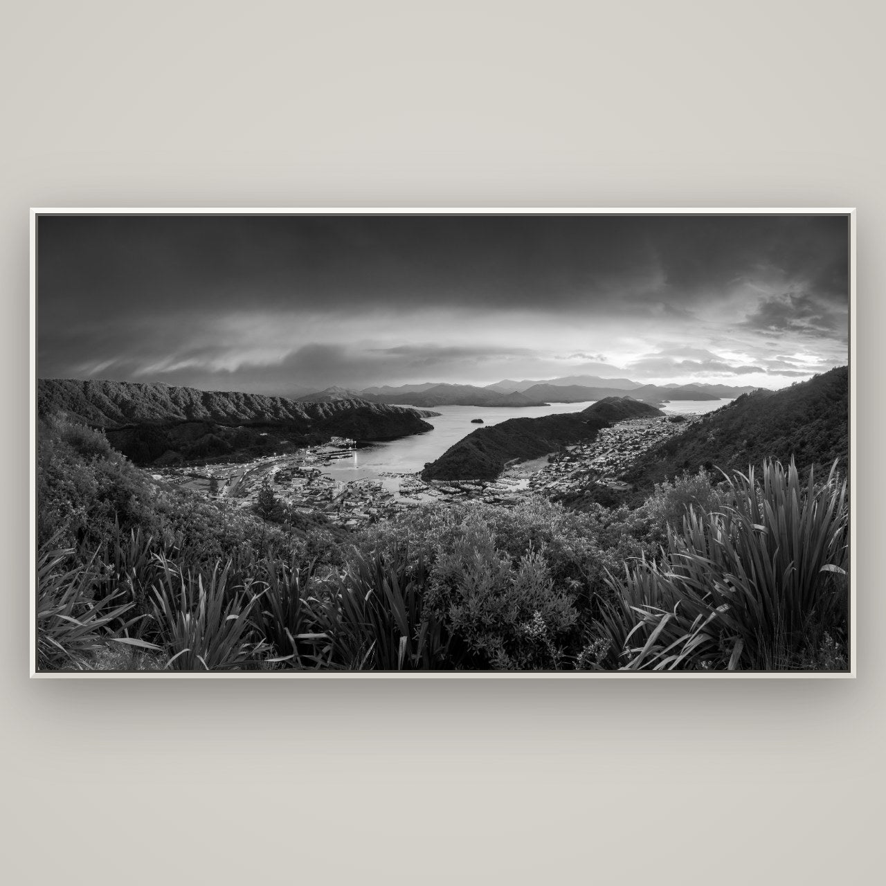 Marlborough Dawn Unveiled, Picton — Basel White, 196×110 cm. New Zealand fine art wall art by Stephen Milner.