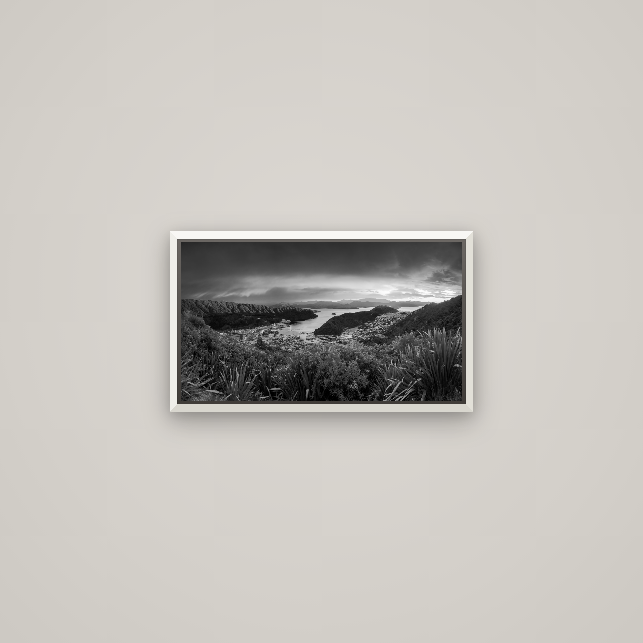 Marlborough Dawn Unveiled, Picton — Basel White, 53×30 cm. New Zealand fine art wall art by Stephen Milner.