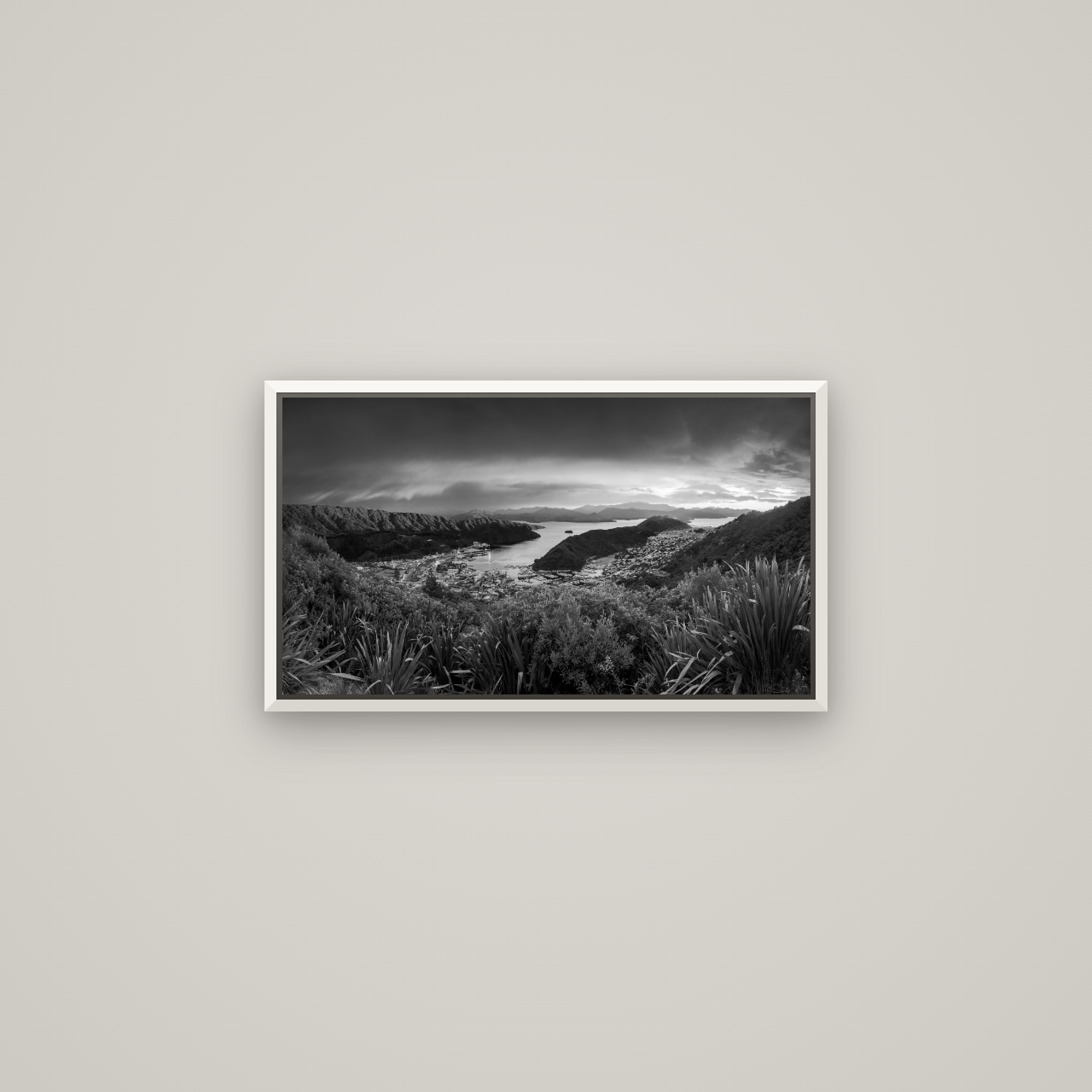 Marlborough Dawn Unveiled, Picton — Basel White, 64×36 cm. New Zealand fine art wall art by Stephen Milner.