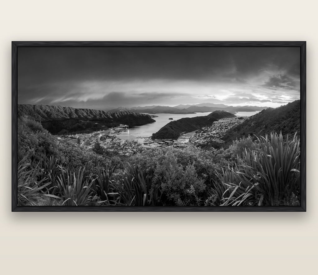 Marlborough Dawn Unveiled, Picton — black float frame canvas, 200 × 130 cm. New Zealand fine art landscape wall art by Stephen Milner.