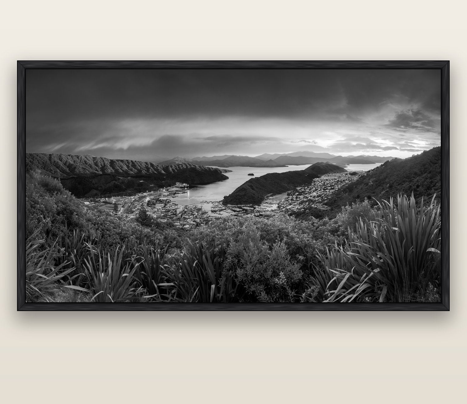 Marlborough Dawn Unveiled, Picton — black float frame canvas, 200 × 130 cm. New Zealand fine art landscape wall art by Stephen Milner.
