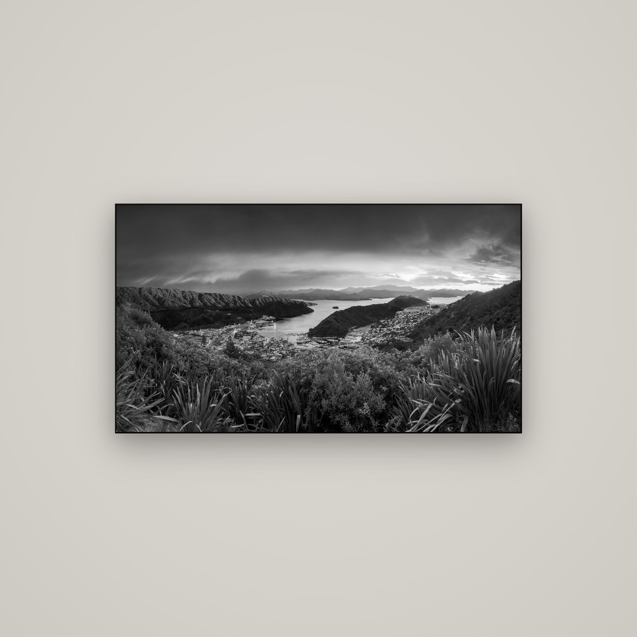 Marlborough Dawn Unveiled, Picton — Slimline Black, 107×60 cm. New Zealand fine art wall art by Stephen Milner.