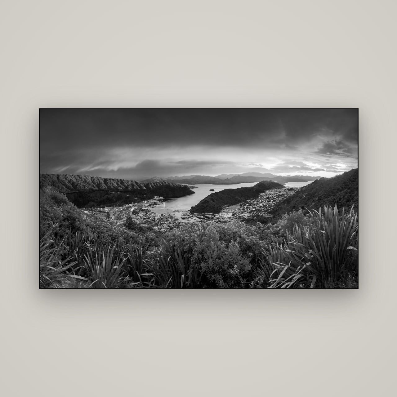 Marlborough Dawn Unveiled, Picton — Slimline Black, 160×90 cm. New Zealand fine art wall art by Stephen Milner.