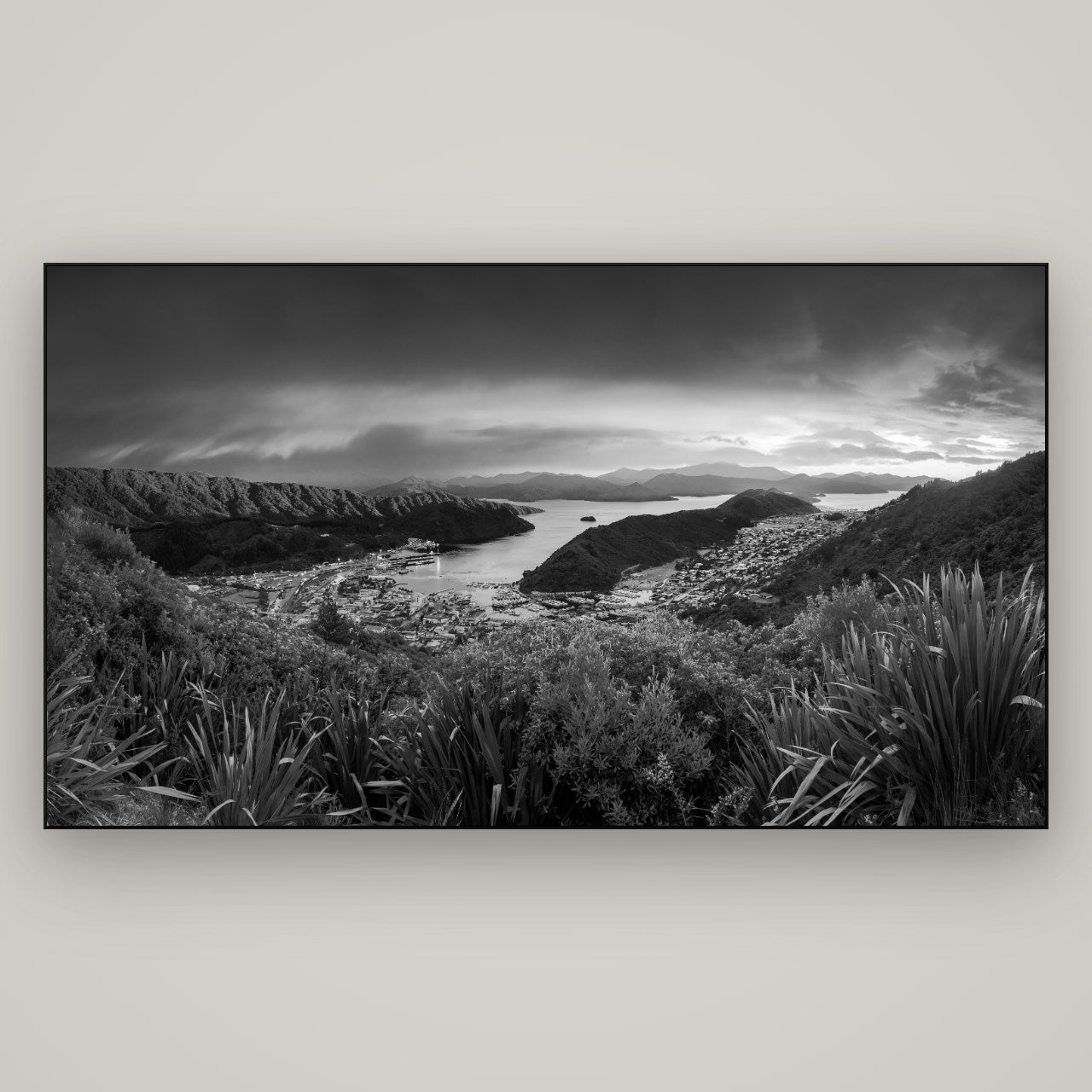 Marlborough Dawn Unveiled, Picton — Slimline Black, 196×110 cm. New Zealand fine art wall art by Stephen Milner.