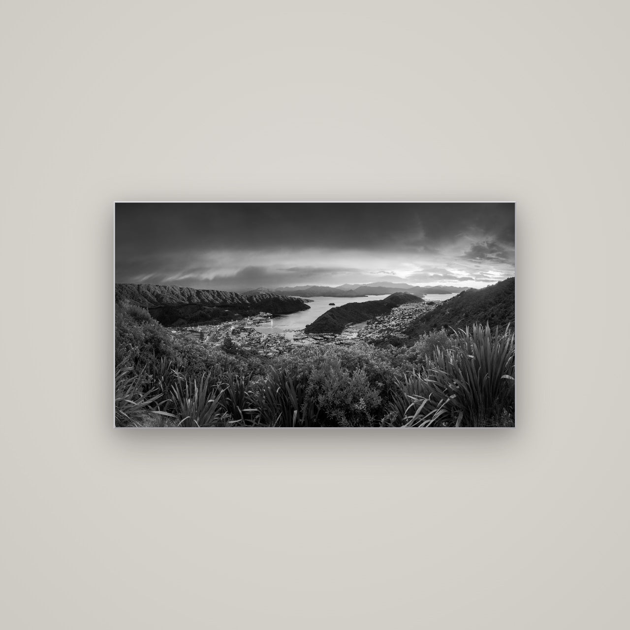 Marlborough Dawn Unveiled, Picton — Slimline Silver, 107×60 cm. New Zealand fine art wall art by Stephen Milner.