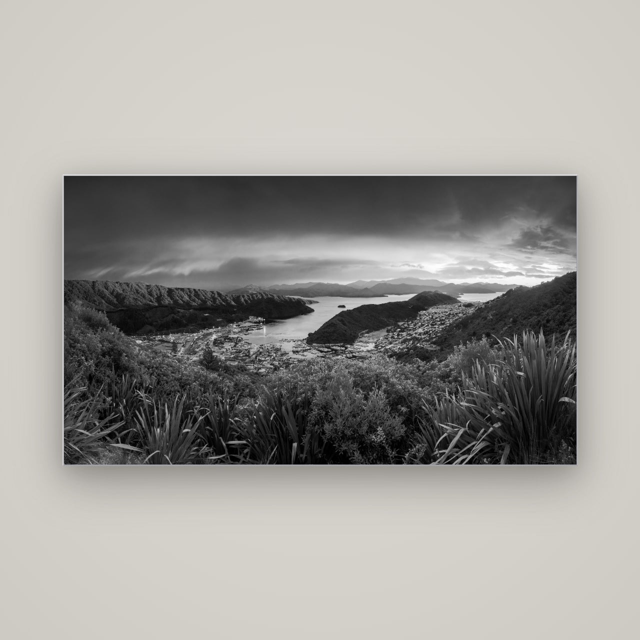 Marlborough Dawn Unveiled, Picton — Slimline Silver, 160×90 cm. New Zealand fine art wall art by Stephen Milner.
