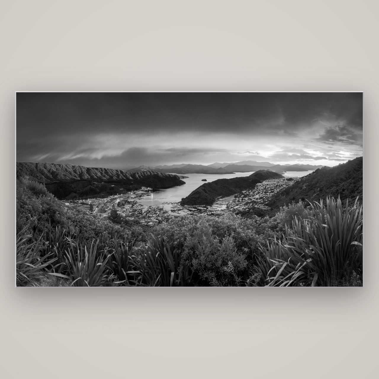 Marlborough Dawn Unveiled, Picton — Slimline Silver, 196×110 cm. New Zealand fine art wall art by Stephen Milner.