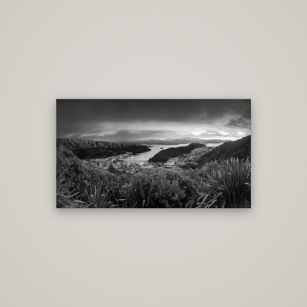 Marlborough Dawn Unveiled, Picton — No frame, 107×60 cm. New Zealand fine art wall art by Stephen Milner.