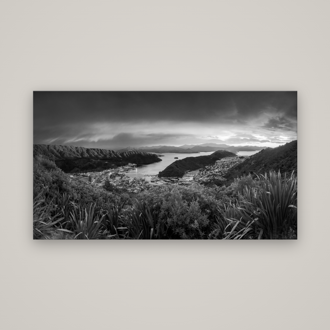 Marlborough Dawn Unveiled, Picton — No frame, 160×90 cm. New Zealand fine art wall art by Stephen Milner.