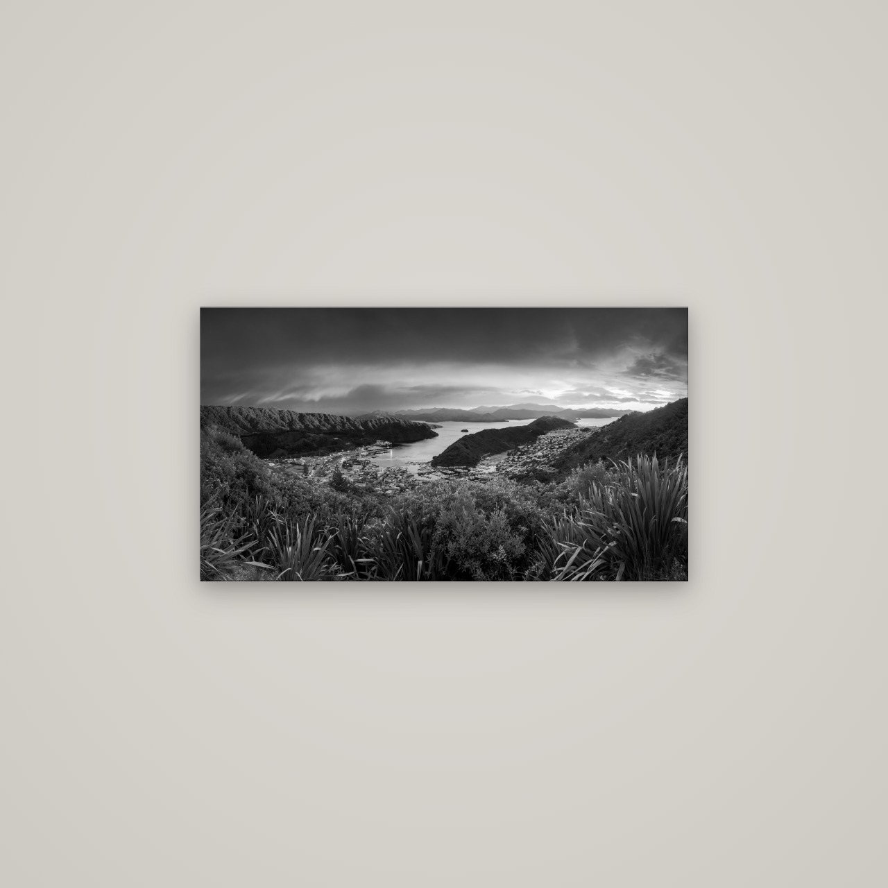 Marlborough Dawn Unveiled, Picton — No frame, 80×45 cm. New Zealand fine art wall art by Stephen Milner.