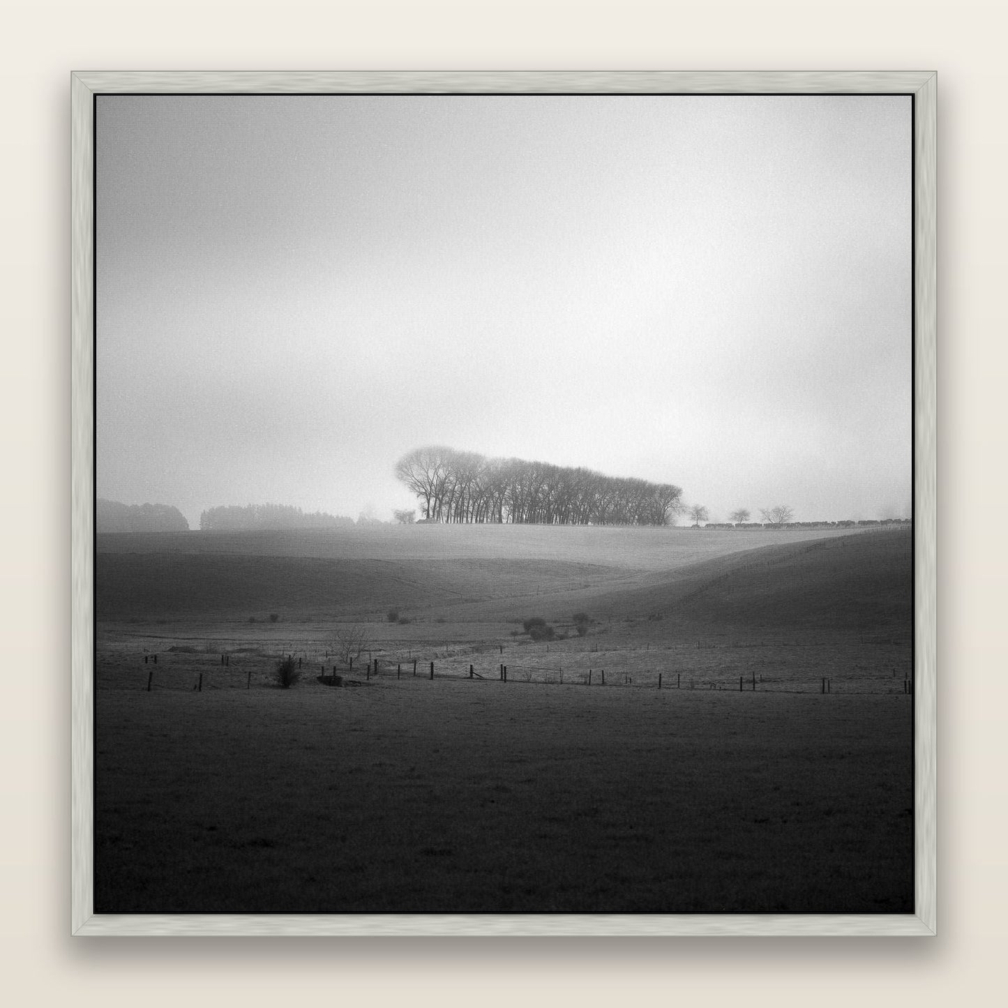 Misty Horizon, Waikato — framed metallic canvas print, Antique Silver frame. New Zealand fine art landscape wall art by Stephen Milner.
