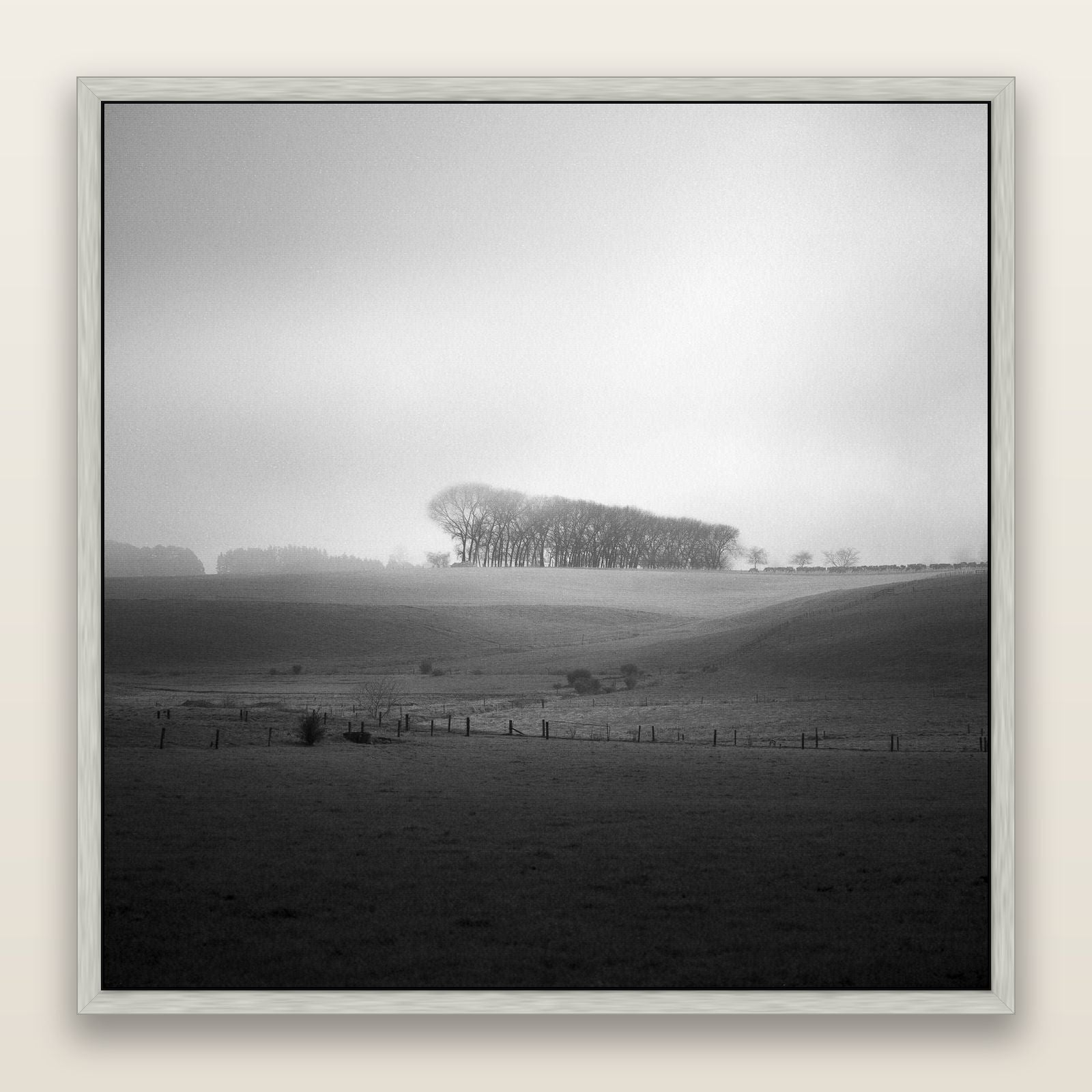 Misty Horizon, Waikato — framed metallic canvas print, Antique Silver frame. New Zealand fine art landscape wall art by Stephen Milner.