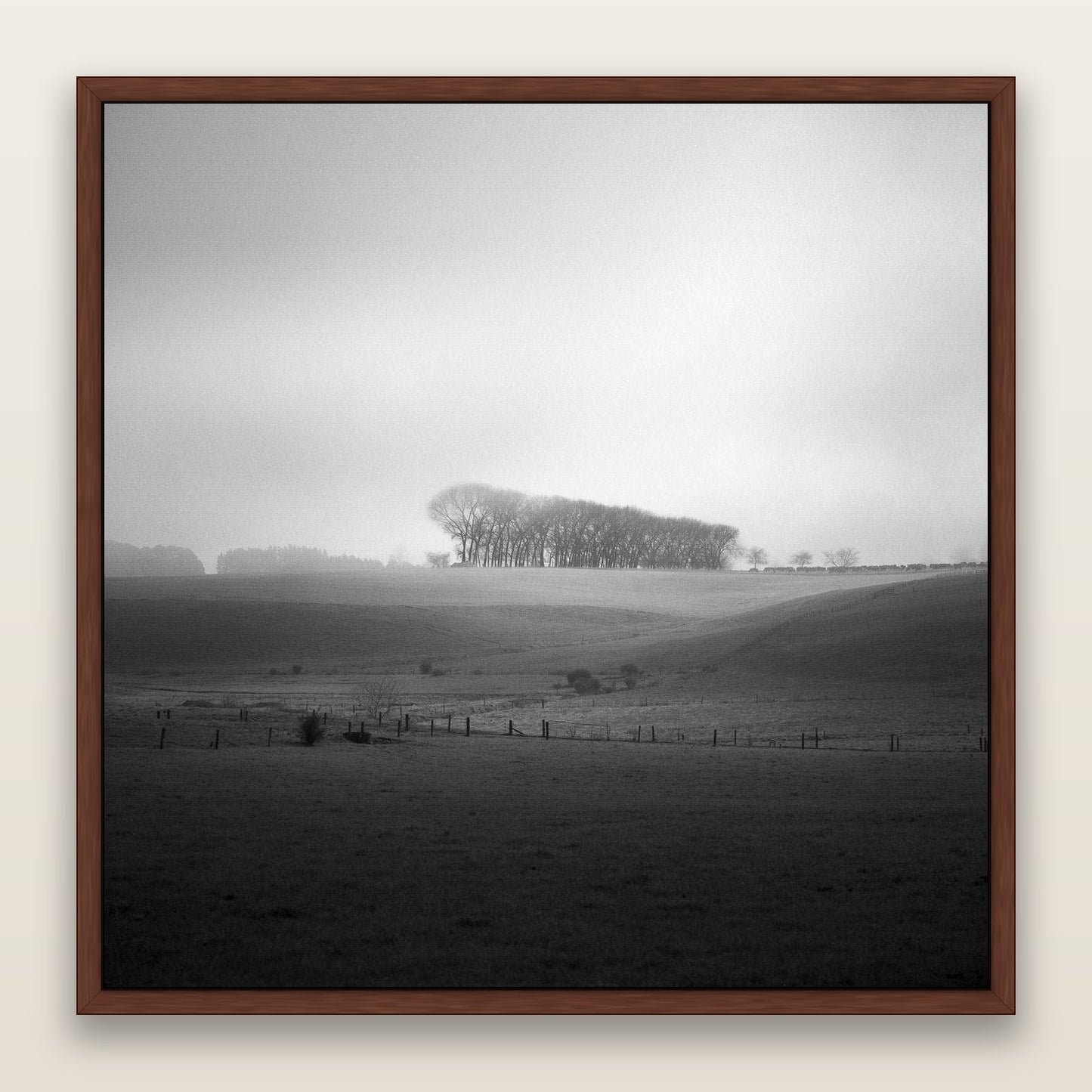 Misty Horizon, Waikato — framed metallic canvas print, Brown frame. New Zealand fine art landscape wall art by Stephen Milner.