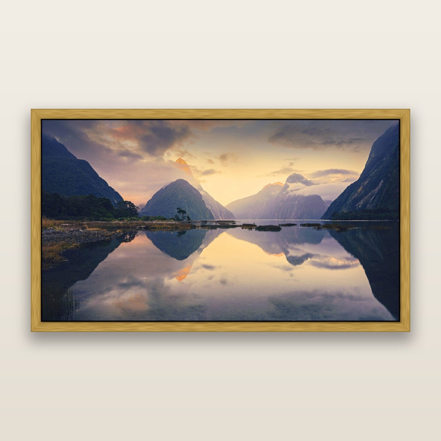 Mitre Peak, Milford Sound — framed metallic canvas print, Antique Gold frame. New Zealand fine art landscape wall art by Stephen Milner.