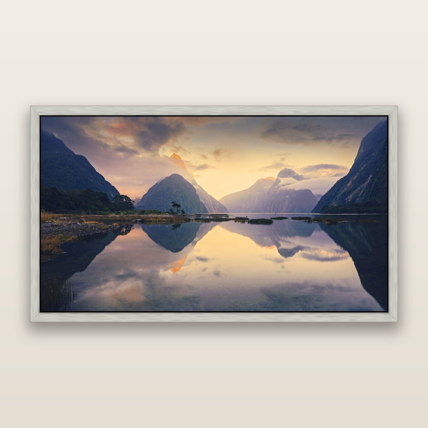 Mitre Peak, Milford Sound — framed metallic canvas print, Antique Silver frame. New Zealand fine art landscape wall art by Stephen Milner.