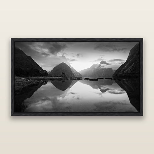 Mitre Peak, Milford Sound, black and white framed metallic canvas print, Black frame. New Zealand fine art wall art by Stephen Milner.