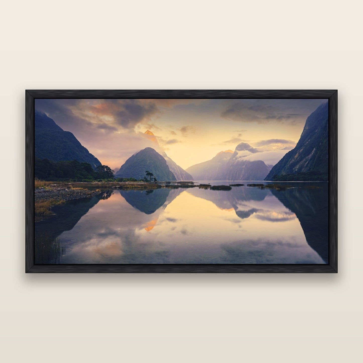 Mitre Peak, Milford Sound — framed metallic canvas print, Black frame. New Zealand fine art landscape wall art by Stephen Milner.