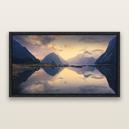 Mitre Peak, Milford Sound — framed metallic canvas print, Black frame. New Zealand fine art landscape wall art by Stephen Milner.