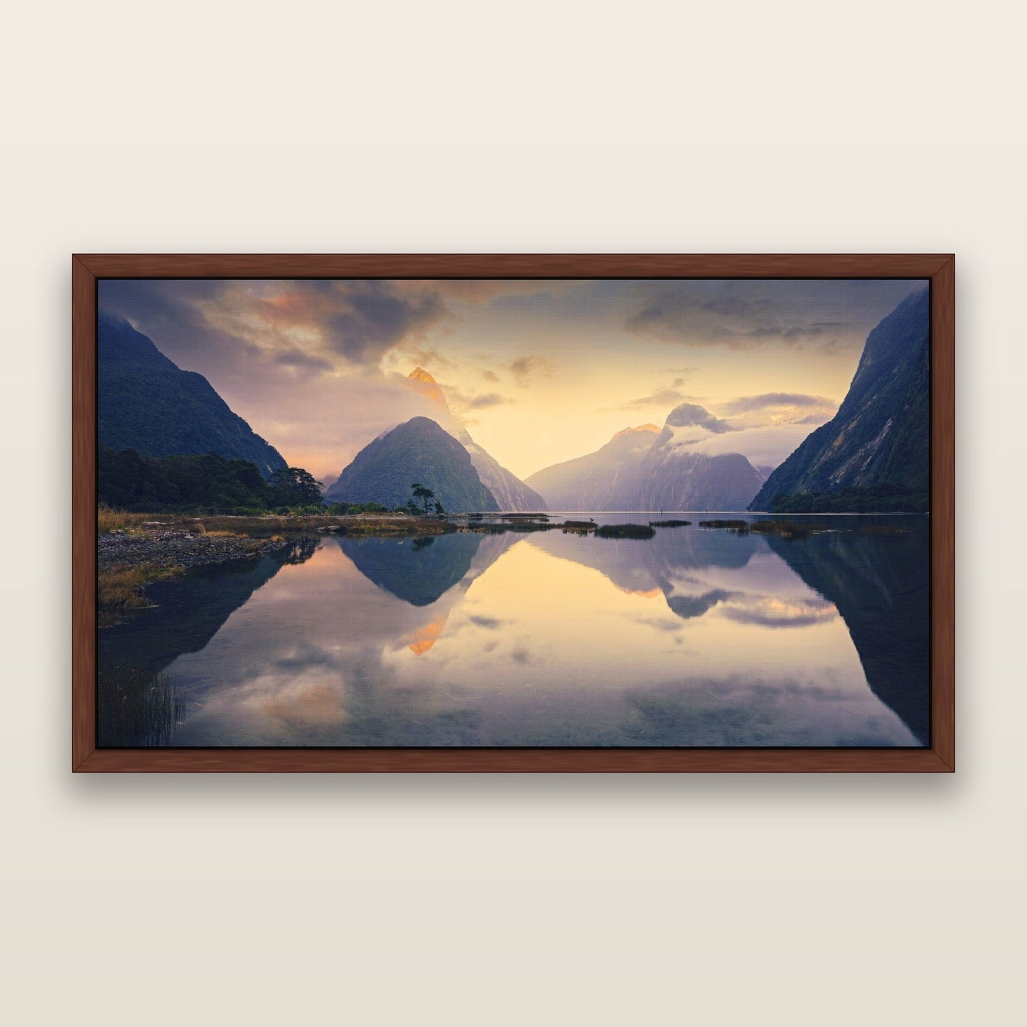 Mitre Peak, Milford Sound — framed metallic canvas print, Brown frame. New Zealand fine art landscape wall art by Stephen Milner.