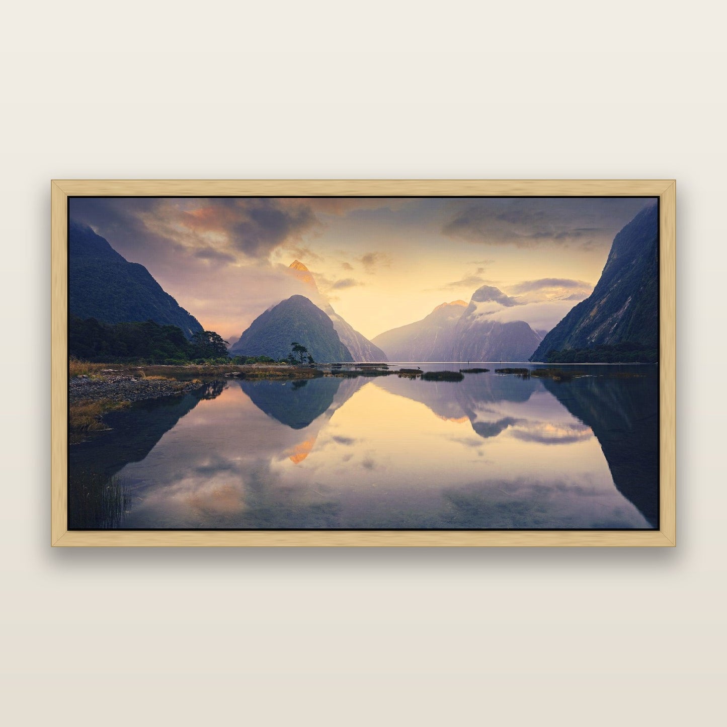 Mitre Peak, Milford Sound — framed metallic canvas print, Natural frame. New Zealand fine art landscape wall art by Stephen Milner.