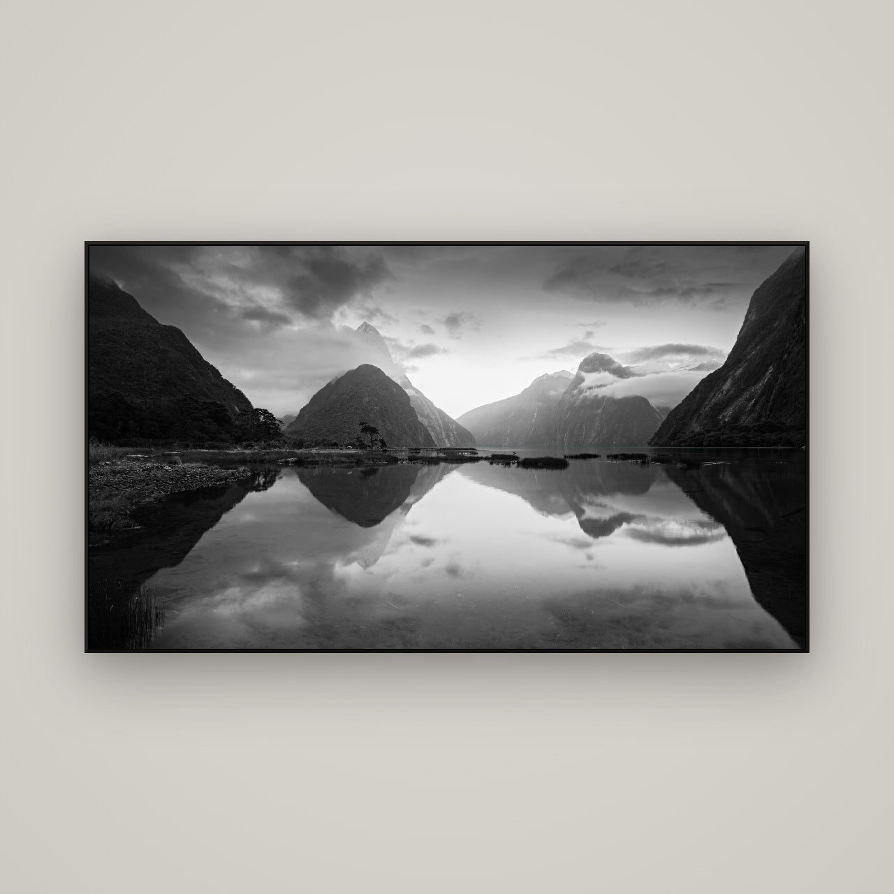 Mitre Peak, Milford Sound — ArtBox Black, 160×90 cm. New Zealand fine art wall art by Stephen Milner.