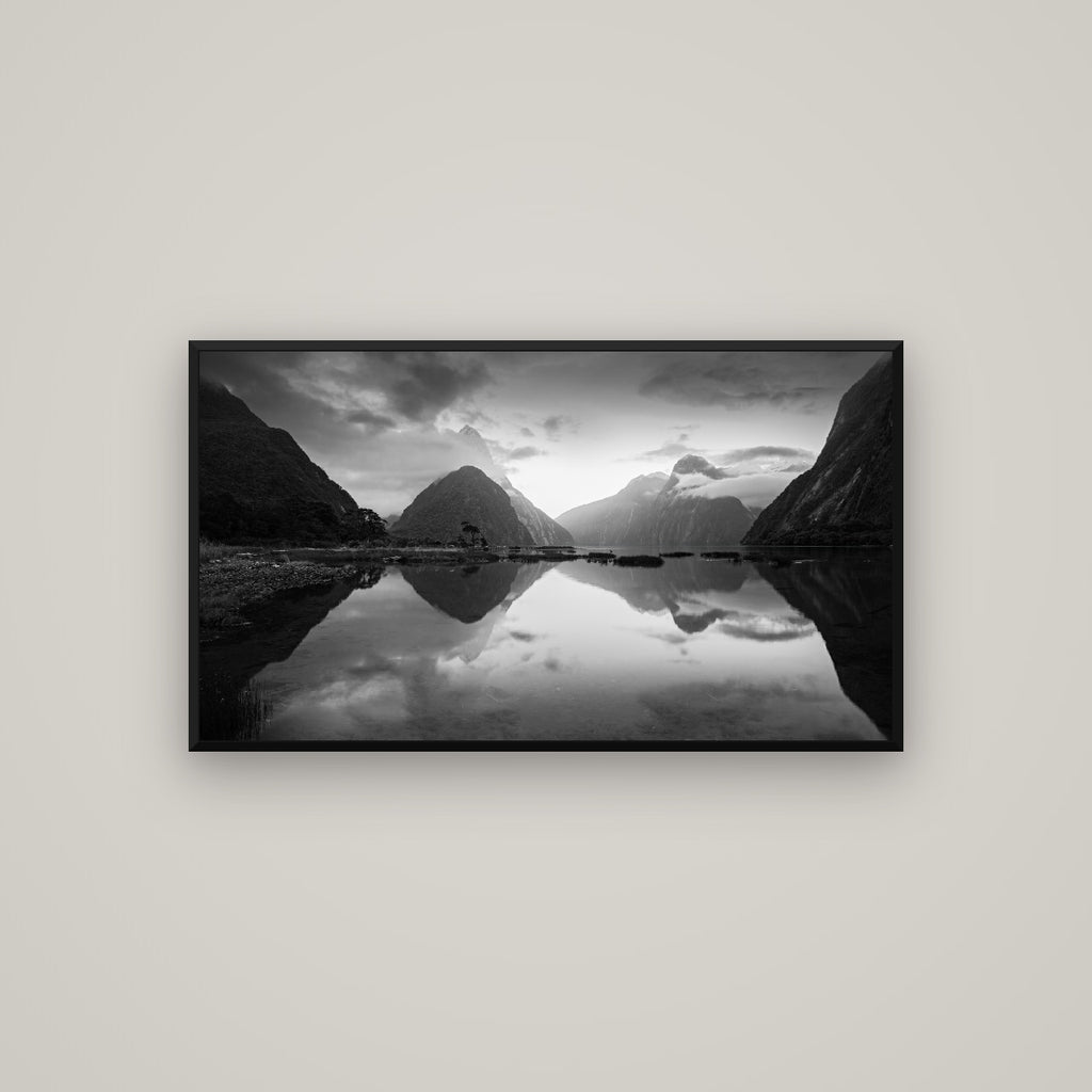 Mitre Peak, Milford Sound — Basel Black Matte, 107×60 cm. New Zealand fine art wall art by Stephen Milner.