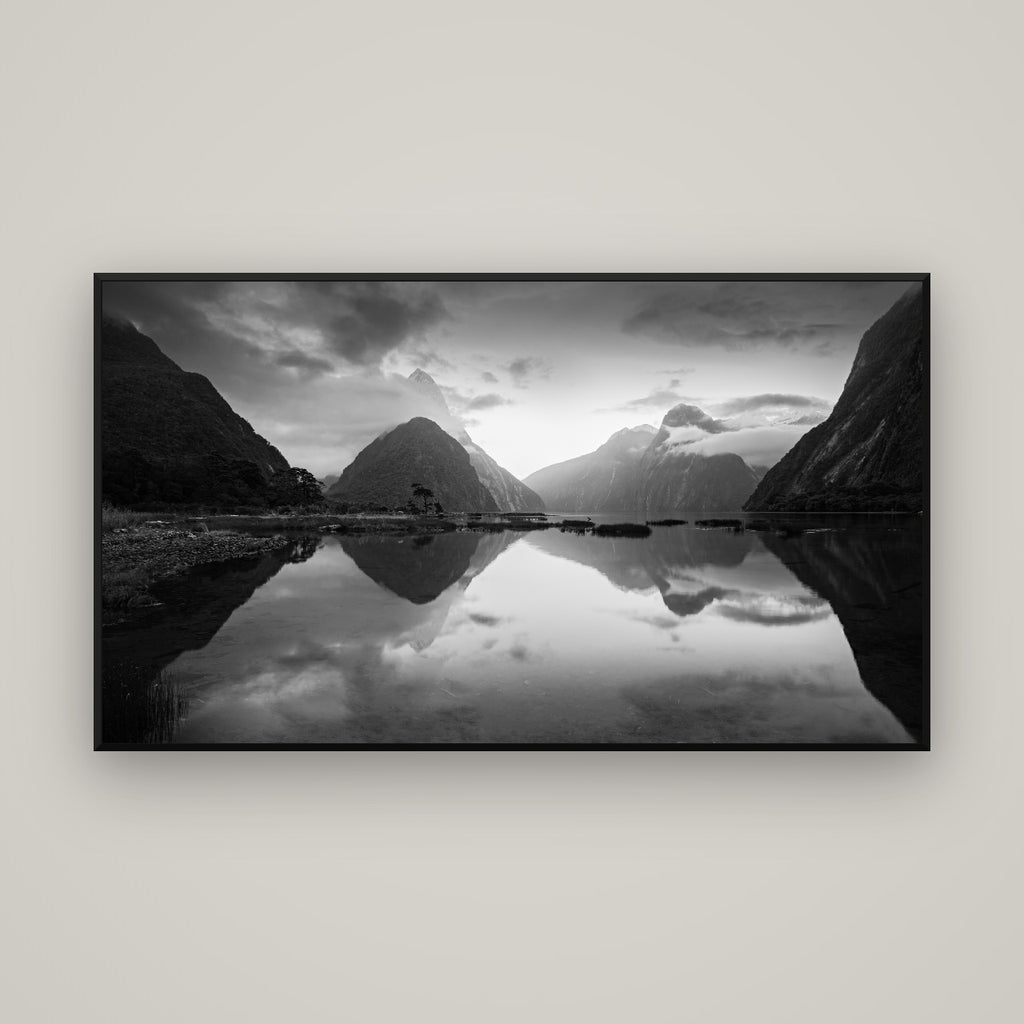 Mitre Peak, Milford Sound — Basel Black Matte, 160×90 cm. New Zealand fine art wall art by Stephen Milner.