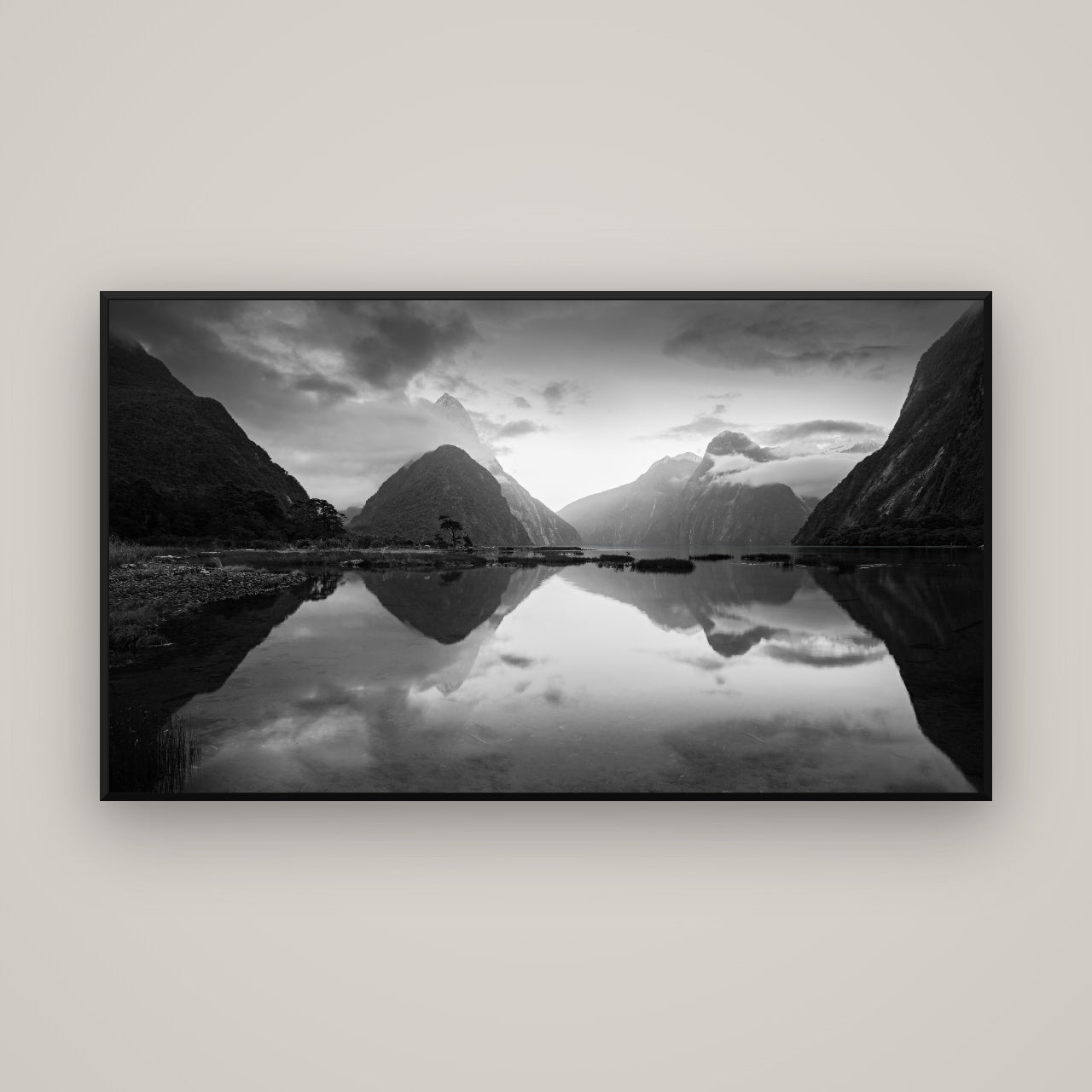Mitre Peak, Milford Sound — Basel Black, 160×90 cm. New Zealand fine art wall art by Stephen Milner.