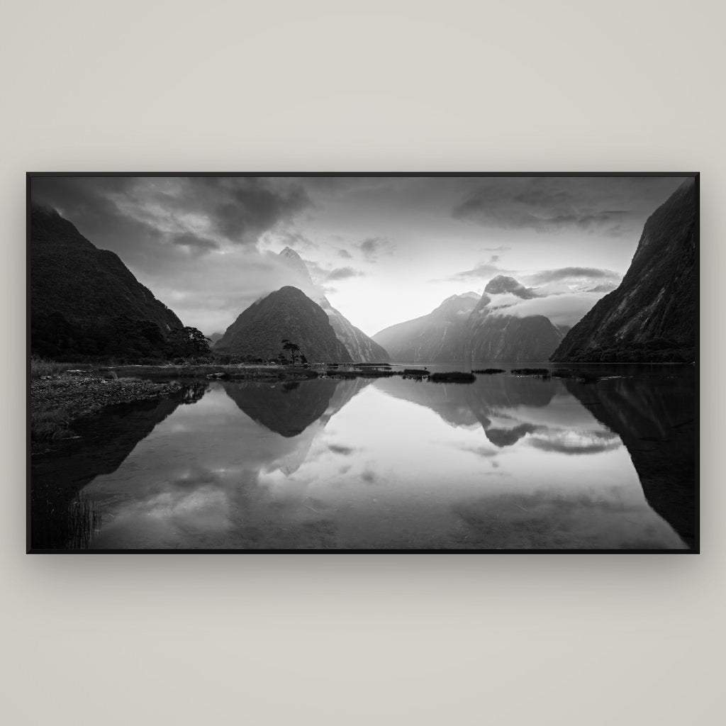 Mitre Peak, Milford Sound — Basel Black Matte, 196×110 cm. New Zealand fine art wall art by Stephen Milner.