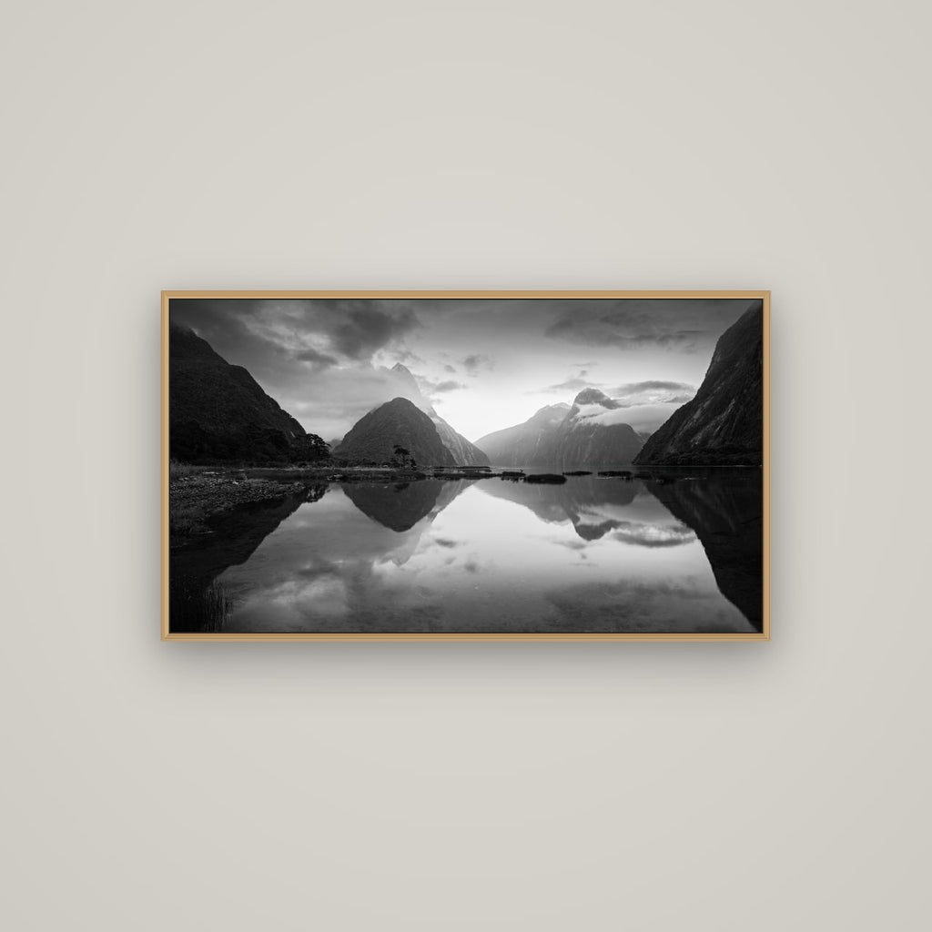 Mitre Peak, Milford Sound, Basel Natural Oak, 107×60 cm. New Zealand fine art wall art by Stephen Milner.
