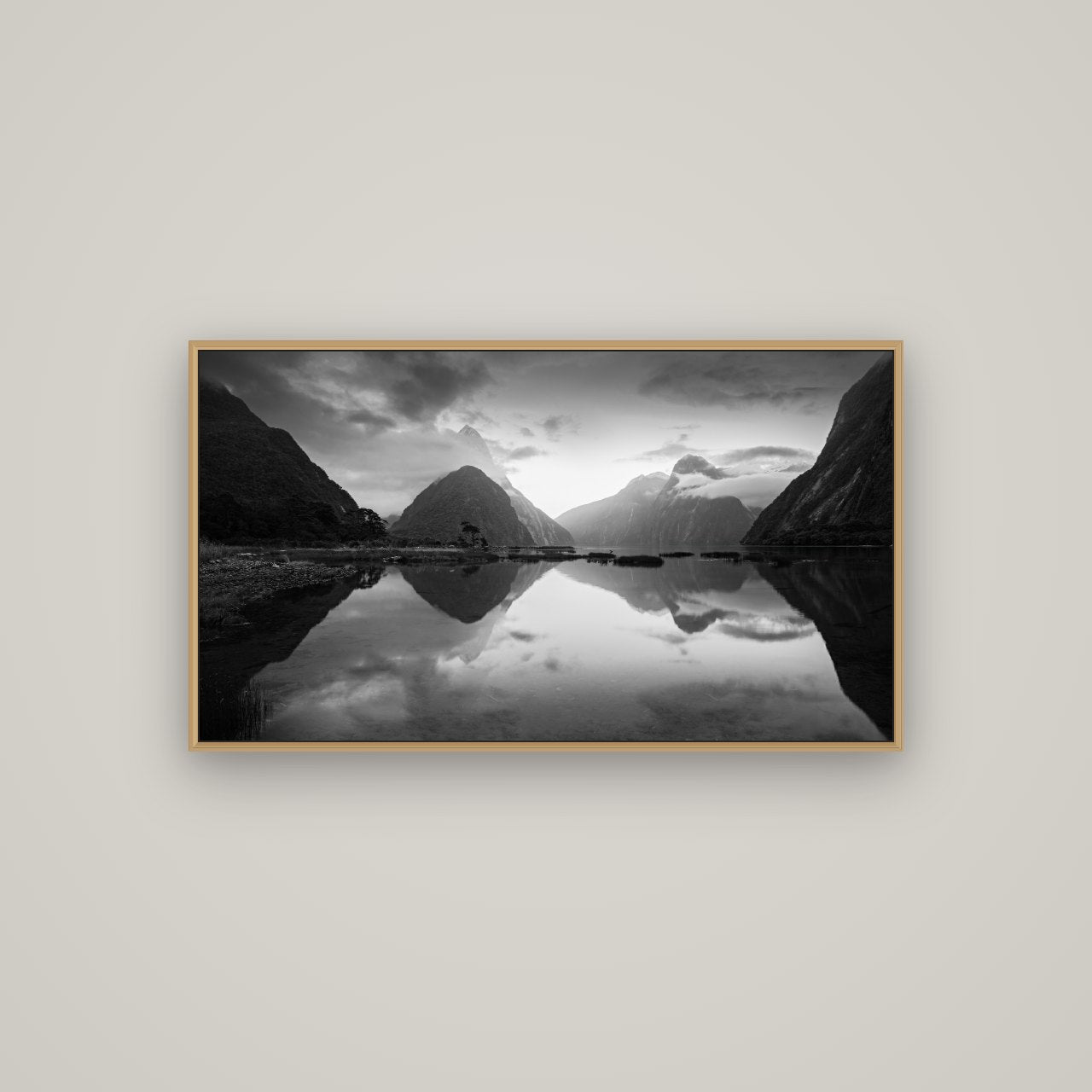Mitre Peak, Milford Sound, Basel Natural Oak, 107×60 cm. New Zealand fine art wall art by Stephen Milner.