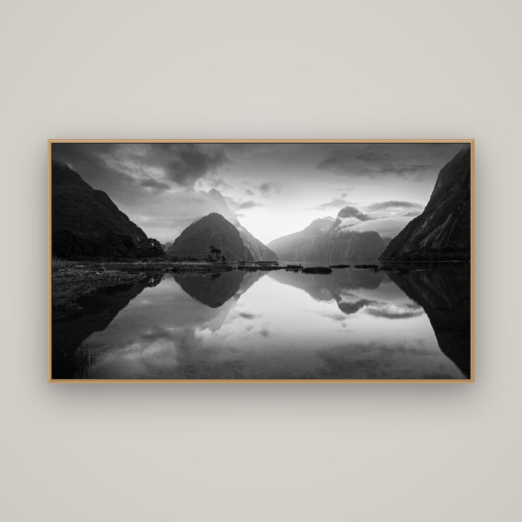 Mitre Peak, Milford Sound, Basel Natural Oak, 160×90 cm. New Zealand fine art wall art by Stephen Milner.