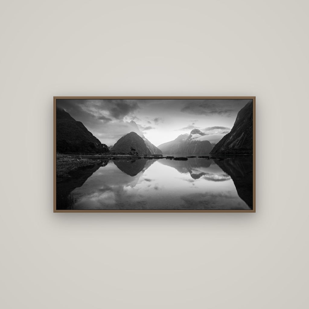 Mitre Peak, Milford Sound, Basel Walnut, 107×60 cm. New Zealand fine art wall art by Stephen Milner.