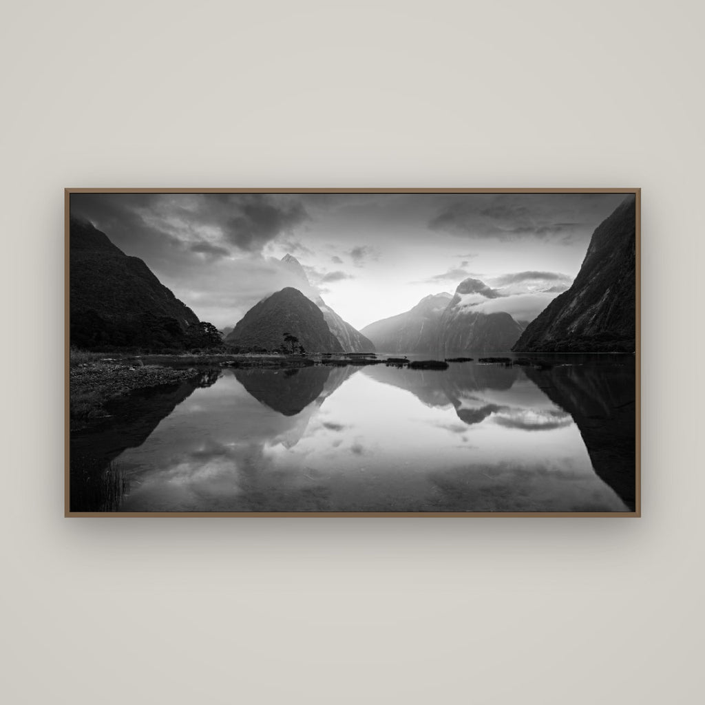 Mitre Peak, Milford Sound, Basel Walnut, 160×90 cm. New Zealand fine art wall art by Stephen Milner.